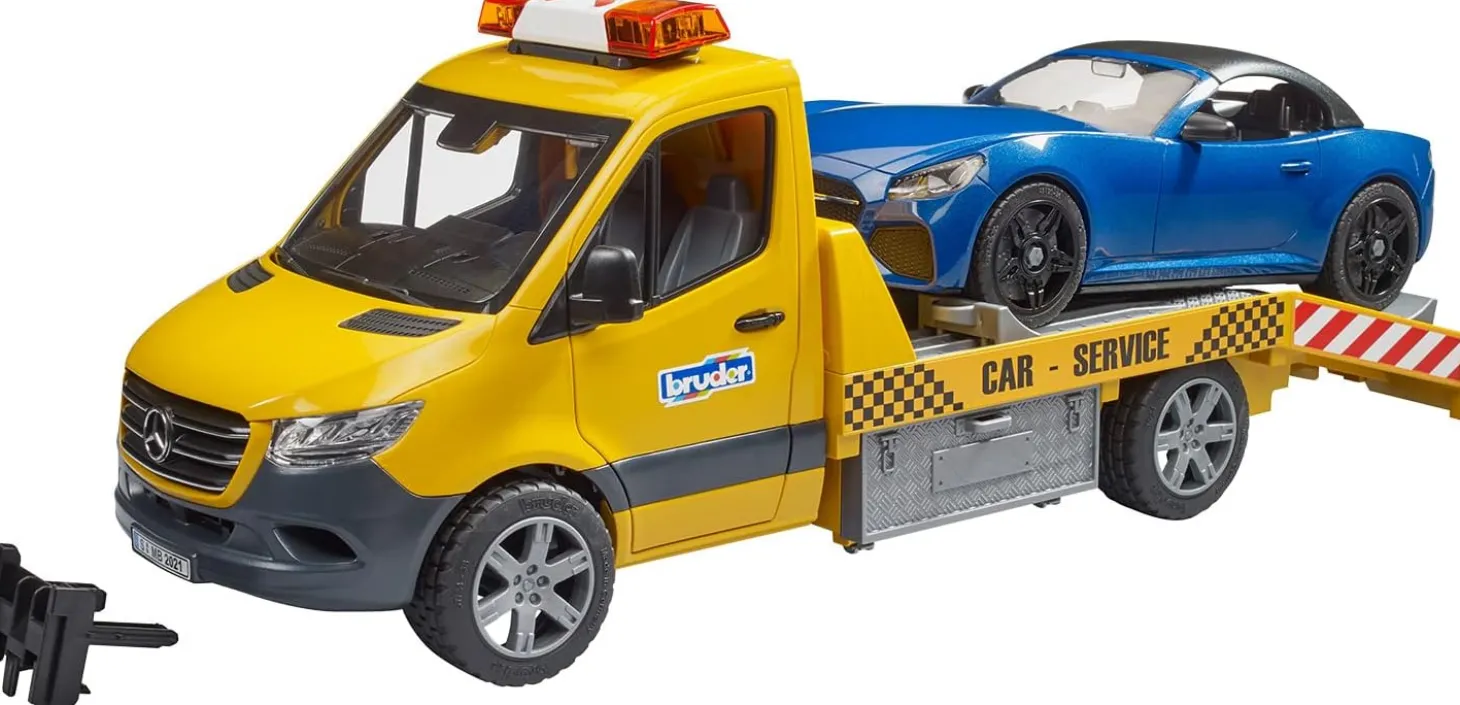Bruder 02675 MB Sprinter Transporter Flatbed Tow Truck and Roadster, Light & Sound Module