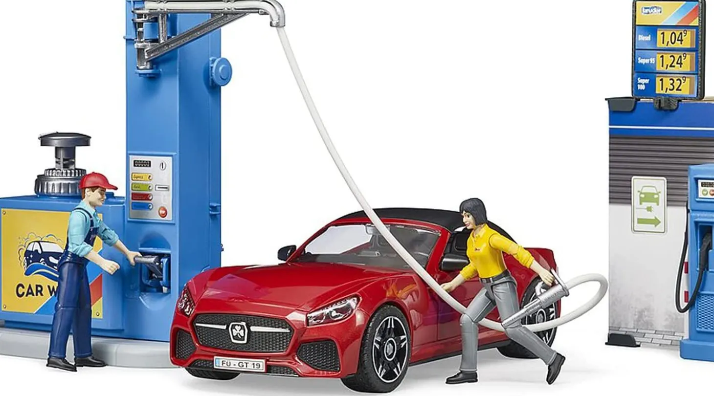 Bruder Gas Service Station with Shop, Car Wash, Roadster and Two Action Figures