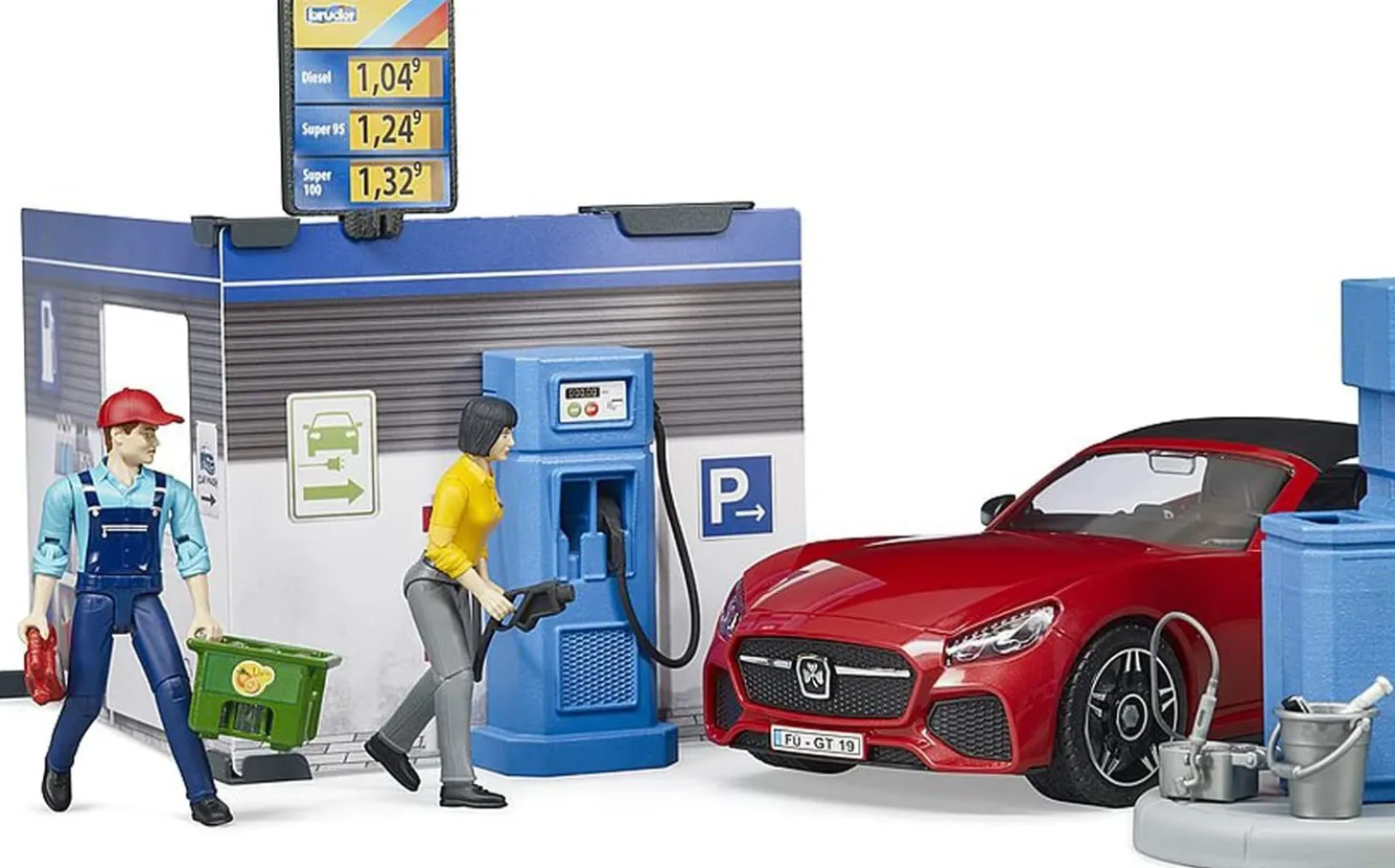 Bruder Gas Service Station with Shop, Car Wash, Roadster and Two Action Figures