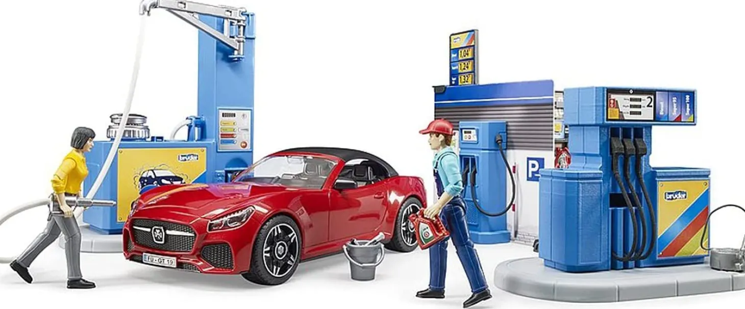 Bruder Gas Service Station with Shop, Car Wash, Roadster and Two Action Figures