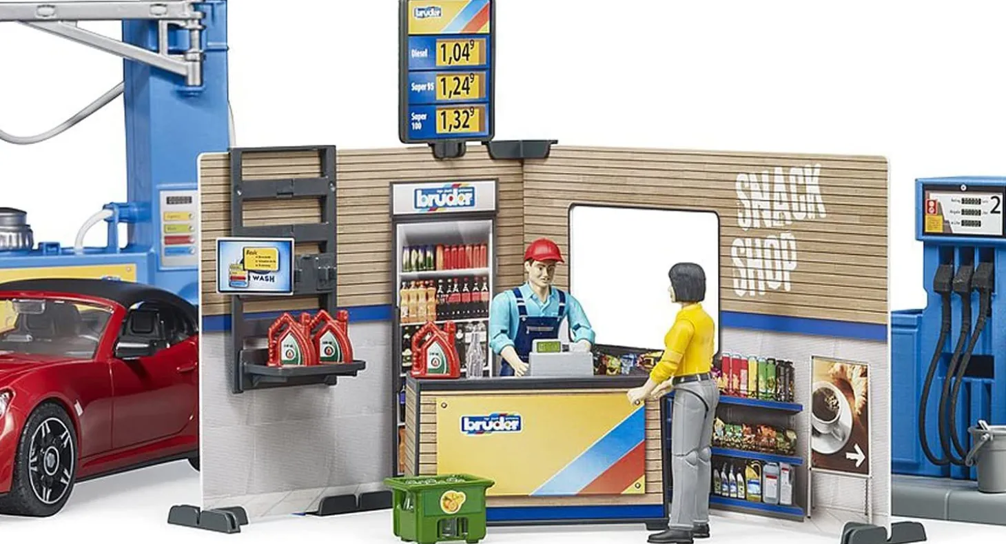 Bruder Gas Service Station with Shop, Car Wash, Roadster and Two Action Figures
