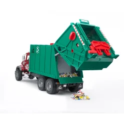 Bruder MACK Granite Garbage Truck, Ruby Red Cab, Green Garbage Box, 02812