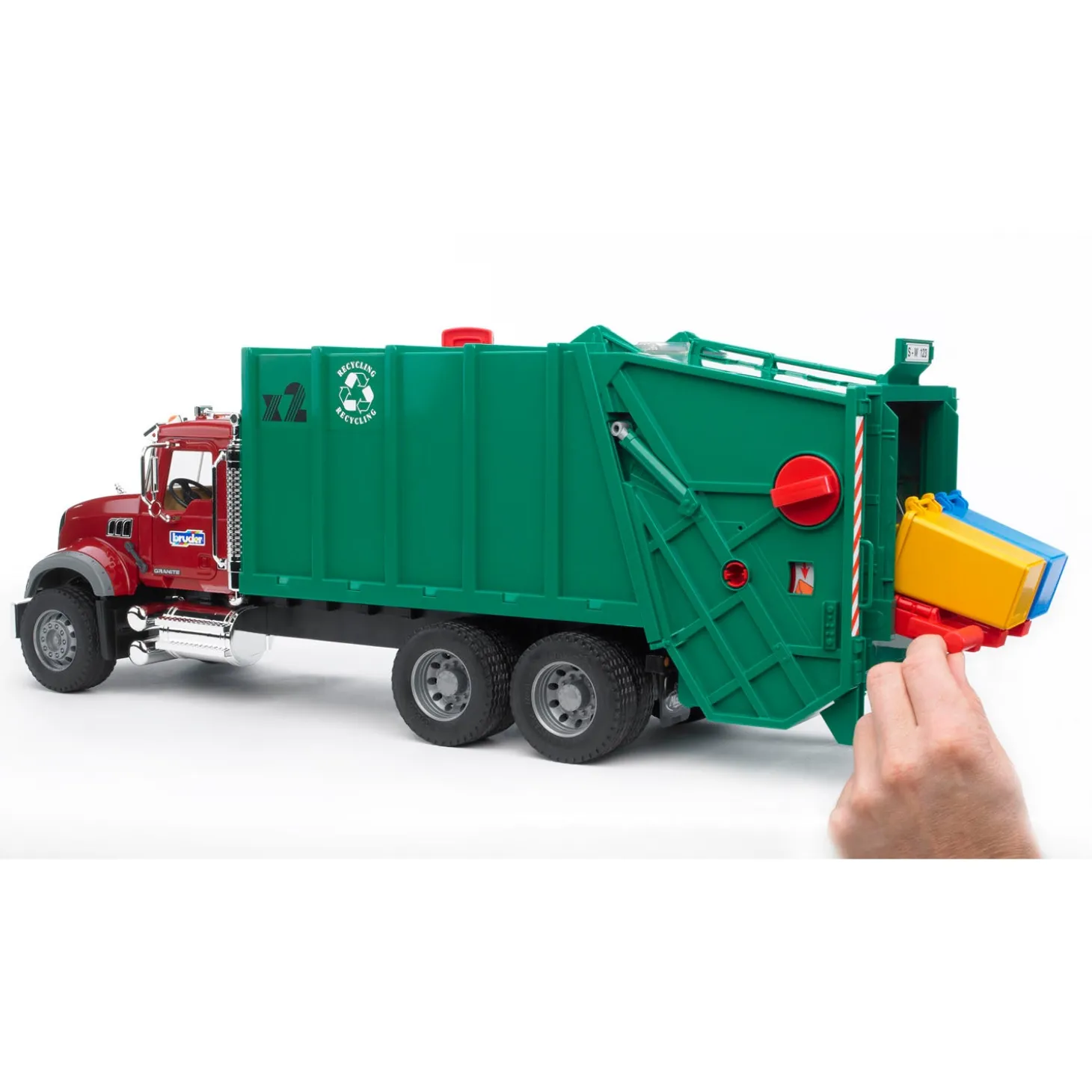 Bruder MACK Granite Garbage Truck, Ruby Red Cab, Green Garbage Box, 02812