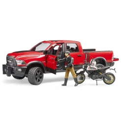 Bruder RAM 2500 Power Wagon with Scrambler Ducati Desert Sled Motorcycle and Driver