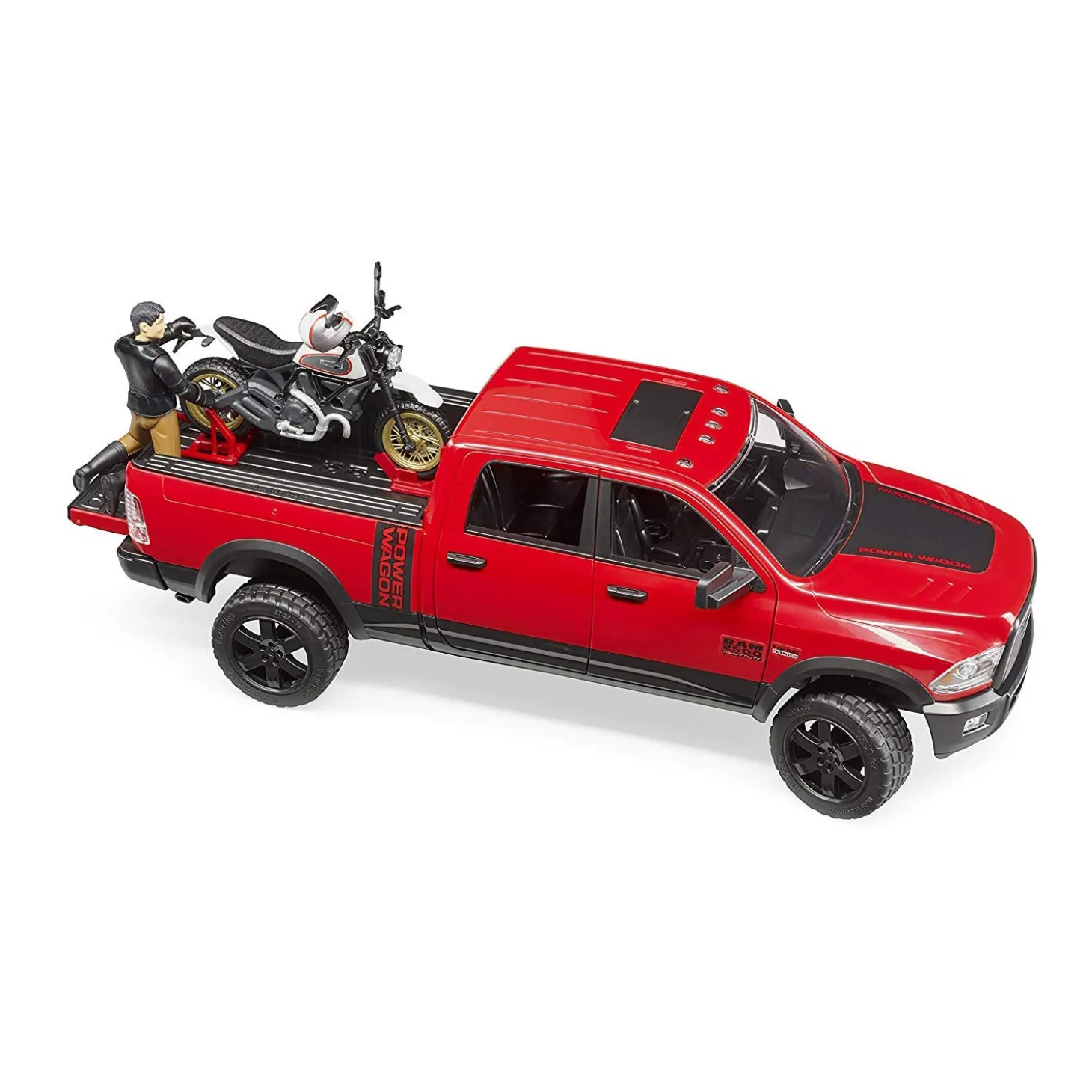 Bruder RAM 2500 Power Wagon with Scrambler Ducati Desert Sled Motorcycle and Driver