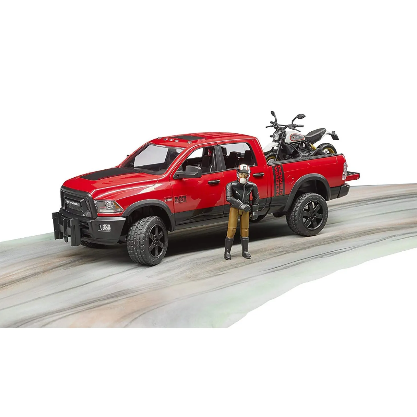 Bruder RAM 2500 Power Wagon with Scrambler Ducati Desert Sled Motorcycle and Driver