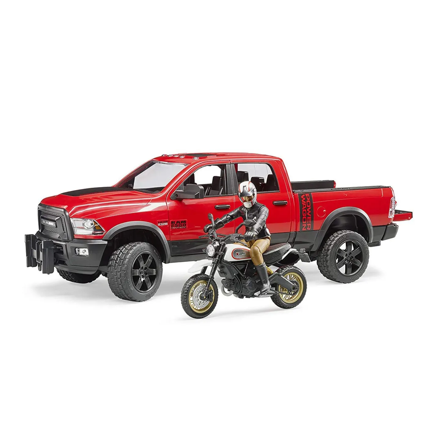 Bruder RAM 2500 Power Wagon with Scrambler Ducati Desert Sled Motorcycle and Driver