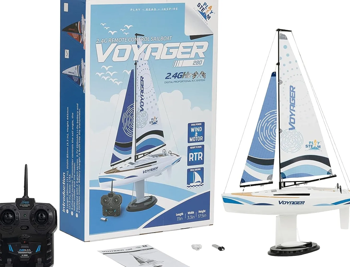 Playsteam Voyager 280 Motor-Power RC Sailboat - 17.5 in, Blue