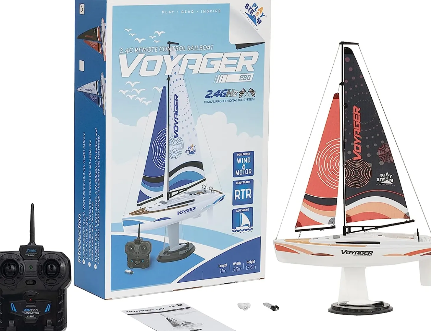 Playsteam Voyager 280 Motor-Power RC Sailboat - 17.5 in, Red